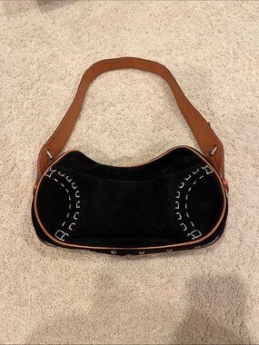 Suarez Black Suede Shoulder Bag with Brown Trim